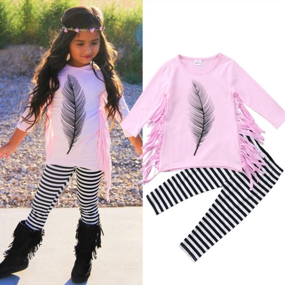 Other - Girls outfit set pink feather boho top pants